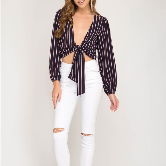 Navy Pin-Striped Long Sleeve Tied Crop Top - Picture 3 of 8